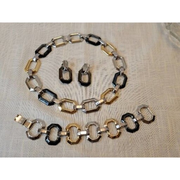 Retro Necklace Set Chunky Brutalist Chain Choker Bracelet Earring Tri Tone - Picture 12 of 12